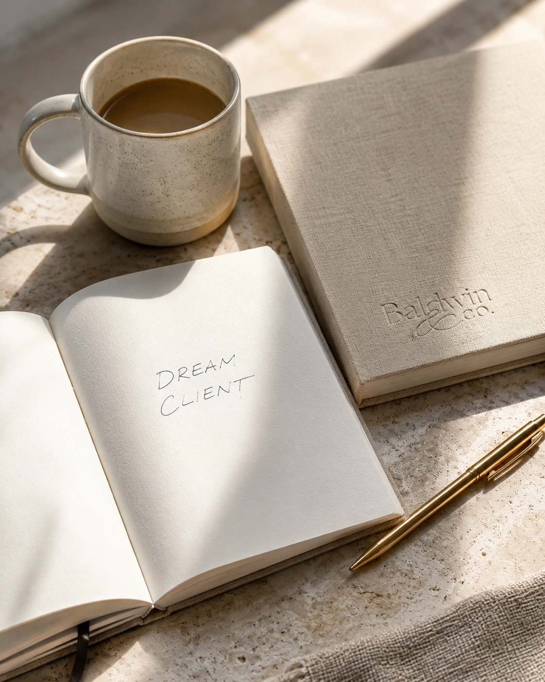 Open dream client notebook, coffee, and branded journal